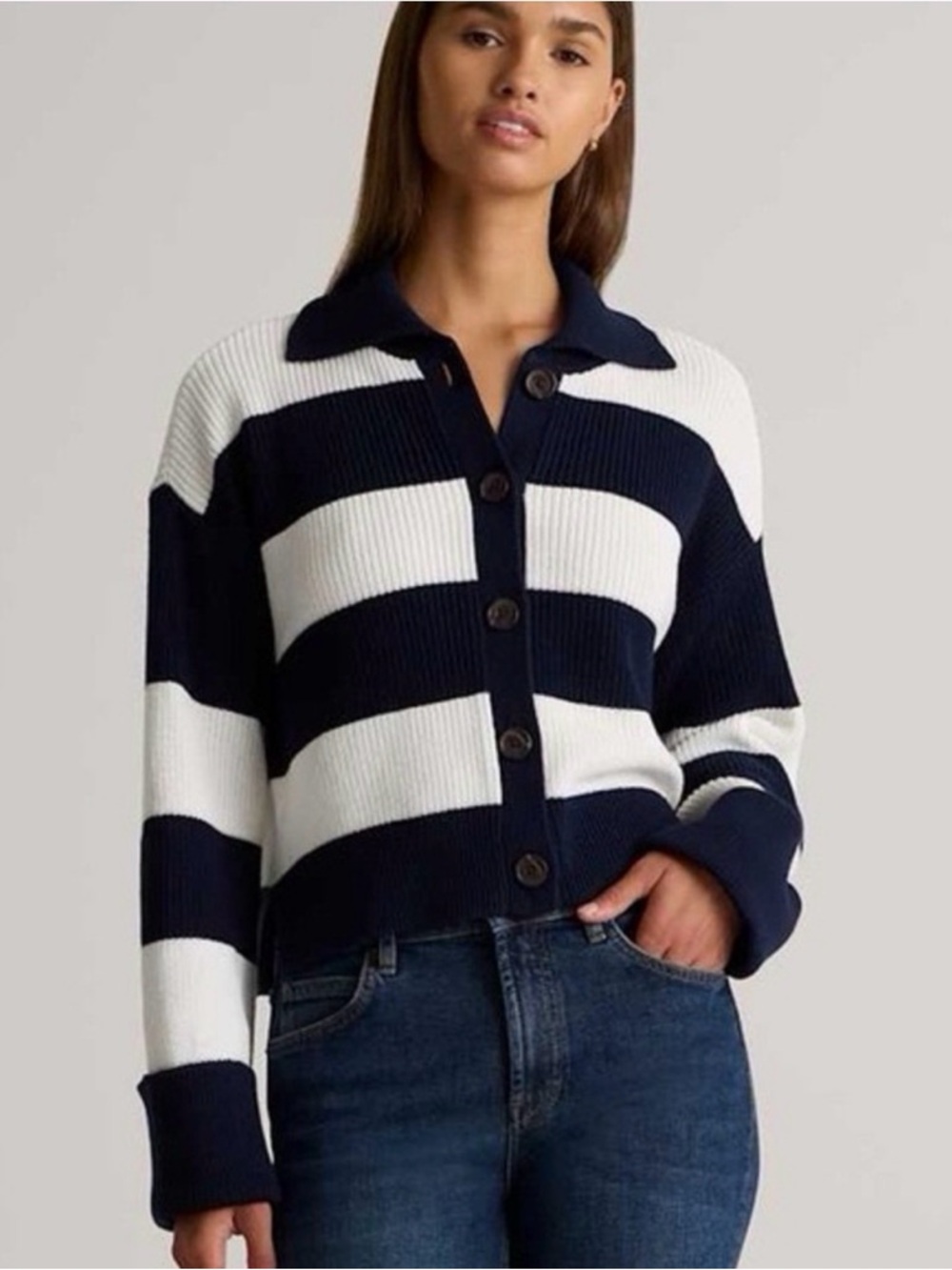 Quince 100% Organic Cotton Collared Cardigan in Navy/white